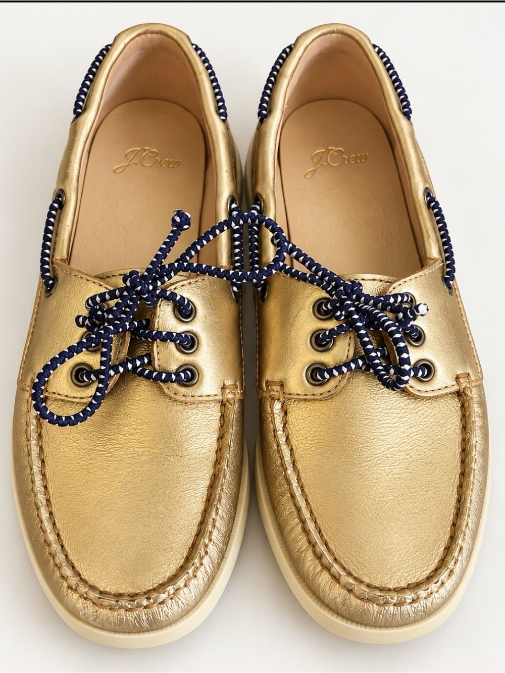J. Crew Metallic Gold Leather Boat Shoes with Navy Rope Laces